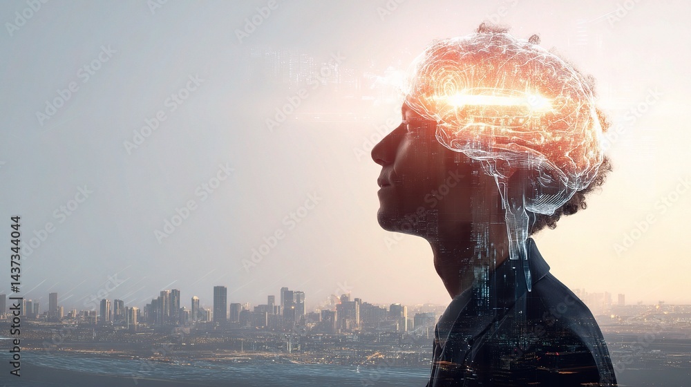 Poster side view of man with glowing brain and data hologram visualization
