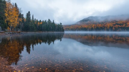 Fototapeta premium Misty autumn lake reflecting fall foliage
