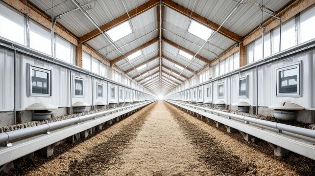 A vast, symmetrical view inside a modern chicken coop with rows of pens and sawdust.