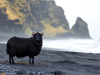 Fototapeta premium Black Icelandic sheep stands on beach, looking forward. Cliffs in background. Tourism use