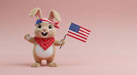 Patriotic bunny cartoon character waves American flag celebrating independence day with stars and stripes design against a pink background