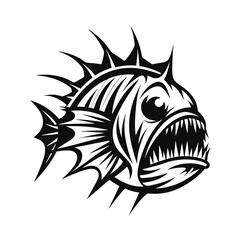 Monochrome Fish with Spikes, Sharp Teeth, and Exaggerated Eye in Bold Black Silhouette