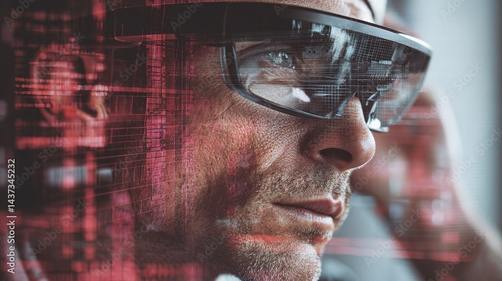 Poster man wearing smart glasses in virtual interface environment
