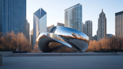 Obraz premium Modern art sculpture reflecting city skyline. Large, polished, mirrored, abstract form in a park setting amidst skyscrapers
