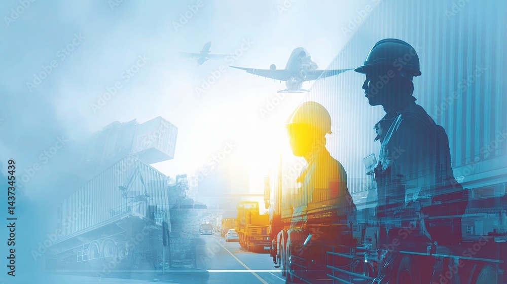 Poster global data transfer visual with layered cargo and transport elements
