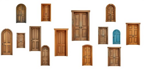 Several rustic wooden doors, various sizes and styles, against a clean white backdrop, old doors, entryway