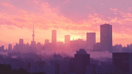 Naklejka premium City skyline at sunrise, soft focus, misty