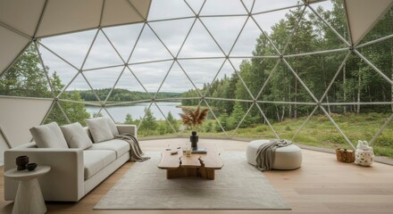 Fototapeta premium Modern geodesic dome interior with lake view