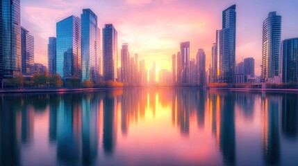 Obraz premium Urban sunrise cityscape reflected in tranquil water