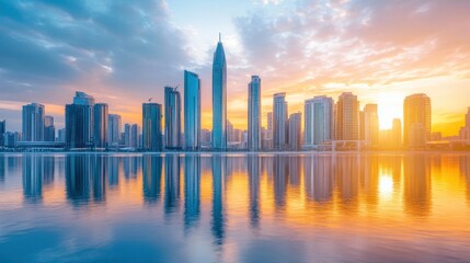 Fototapeta premium City skyline at sunset, reflecting on tranquil water