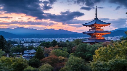 Sunset over a Japanese Pagoda.  A serene vista of a multi-tiered pagoda,  with a vibrant sunset painting the sky and mountains beyond.  The city unfolds below, framed by autumn foliage and trees