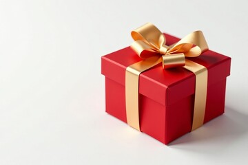 Obraz premium Shiny red gift box with satin gold ribbon on elegant white background, luxurious, present