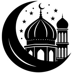 Mosque dome and crescent in silhouette against a glowing sky"