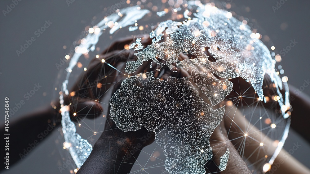 Poster multiple hands connecting digital dots across the globe