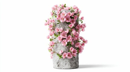 Pink flowers climb a weathered stone pillar, creating an elegant contrast against a white backdrop.