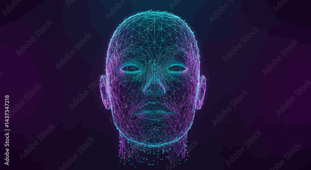 Poster abstract digital human face with glowing network mesh representing artificial intelligence and futur