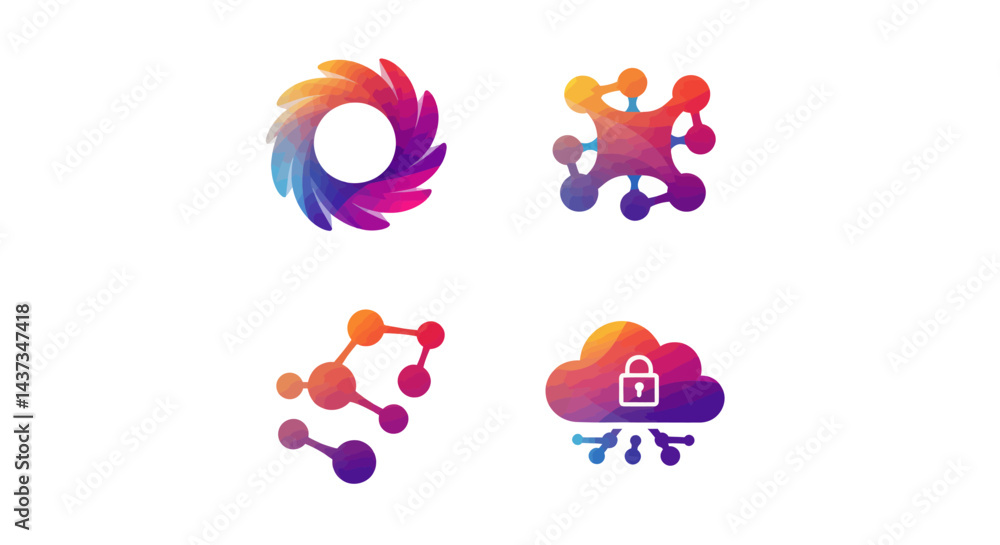 Poster abstract technology logo set featuring data networks cloud security and circular design with vibrant