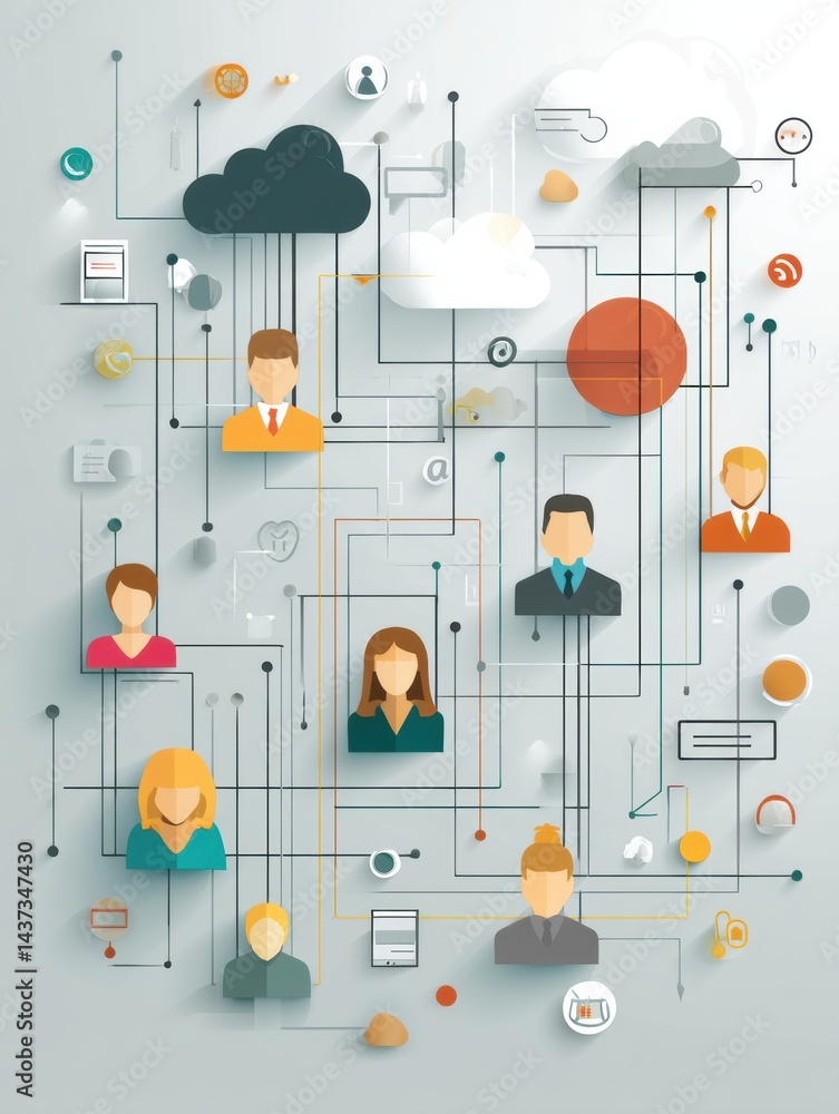 Leinwandbilder network of connected users and cloud icons symbolizing digital communication and collaboration in a 