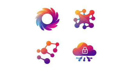 Abstract technology logo set featuring data networks cloud security and circular design with vibrant gradient colors perfect for modern branding
