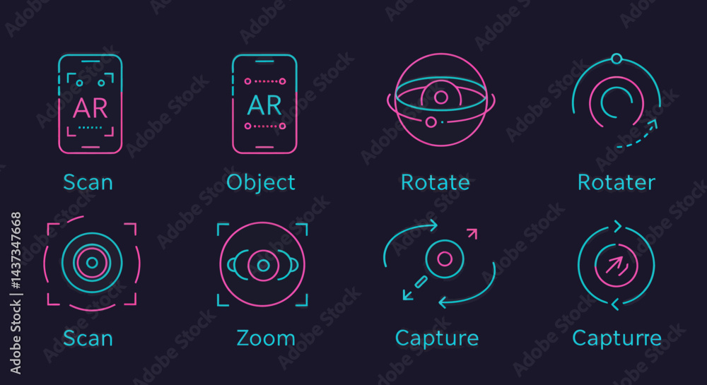 Poster augmented reality icons set featuring scan, object, rotate, and capture functions showcasing modern 