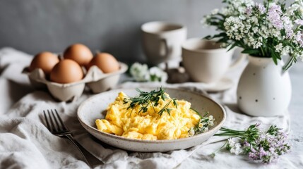 A close-up shot of a delightful breakfast of fluffy scrambled eggs and flowers.