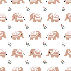 Seamless cute baby elephant pattern with boho details and soft floral accents. Perfect for nursery textiles, kids’ room decor, and baby apparel.