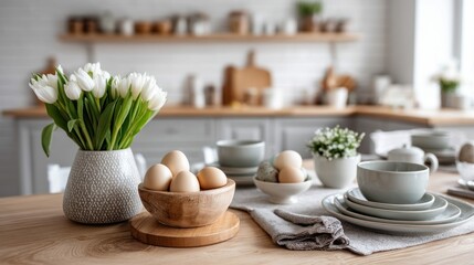 Fototapeta premium A charming kitchen scene with white tulips, eggs, and elegant tableware set on a wooden table.