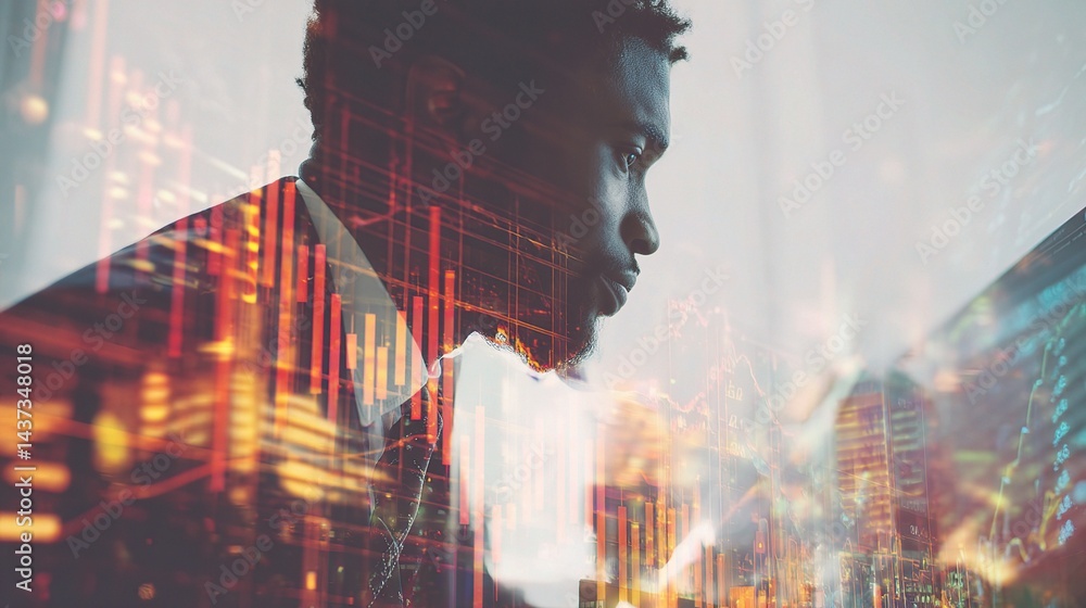 Poster financial analyst analyzing data on digital dashboard display