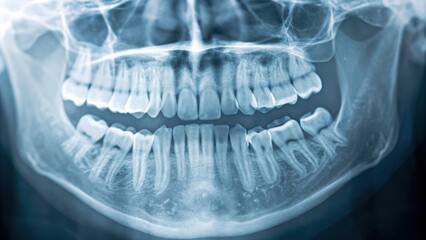Dental panoramic radiograph illustrating the complete human dentition and jaw structure