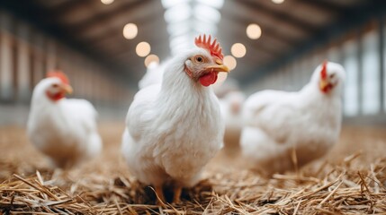Fototapeta premium A close-up of white chickens in a barn, with a blurred background and warm lighting.