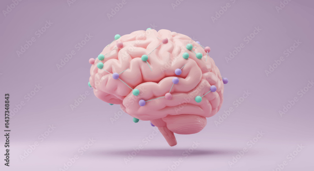 Poster conceptual brain with connected pastel spheres representing neural networks and cognitive function f