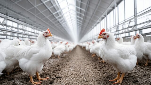 Close-up of white chickens in a large poultry farm, ready for meat production.