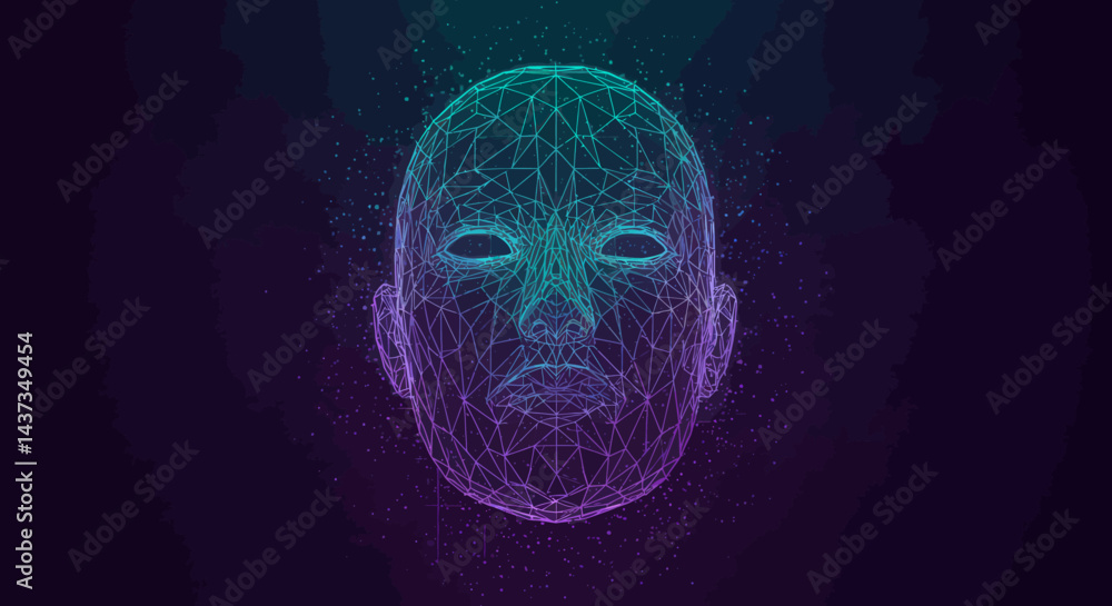 Poster digital human face with glowing geometric mesh abstract technology background concept