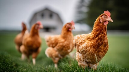 Fototapeta premium A close up of a chicken in a field with others in the background, next to a barn.