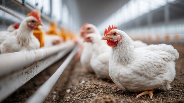 Group of white chickens standing in a poultry farm, ready for production.