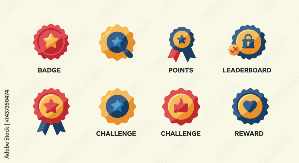 Poster gamification icons set with badges for points leaderboard challenge and reward system enhancing enga