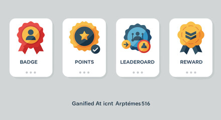 Gamification icons for user engagement showing badge points leaderboard reward design elements for business and education websites and mobile apps