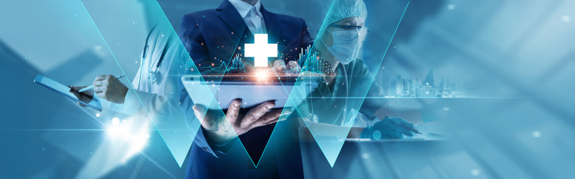 Medical business and healthcare insurance concept. Businessman analyzing growth graph data on medical  business report, develop collaboration and partnership in healthcare and insurance industry. - Powered by Adobe