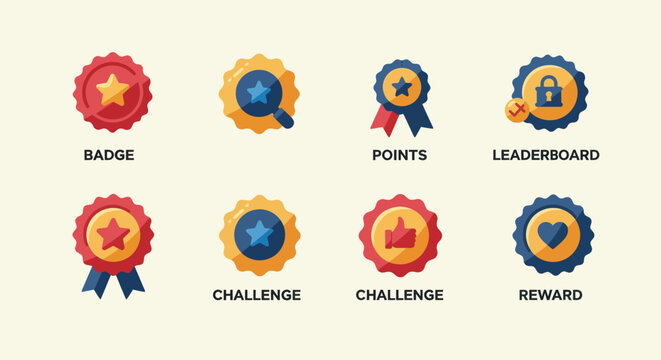 Gamification icons set with badges for points leaderboard challenge and reward system enhancing engagement and motivation in a playful way