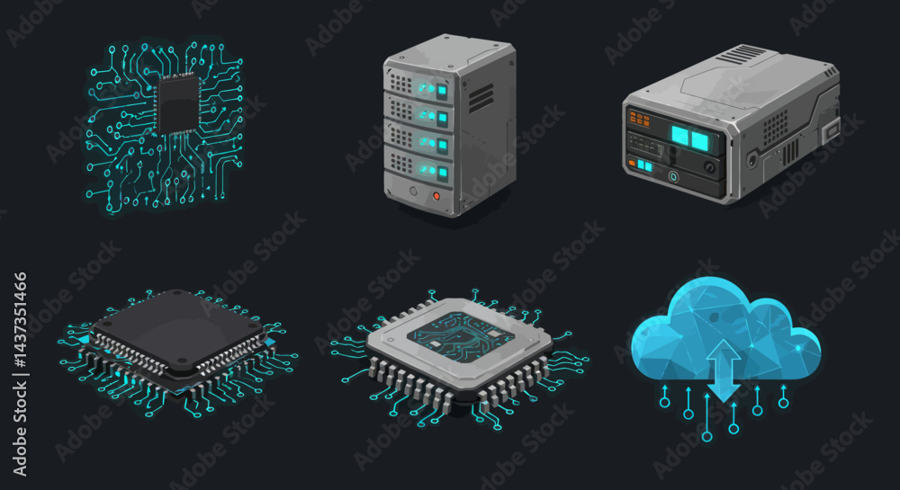 Poster high tech digital components featuring server racks, microchips, and cloud computing elements for mo