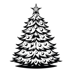 Fototapeta premium Monochrome Christmas Tree Icon with Star Topper and Ornaments, Festive Decoration