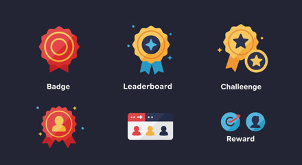 Illustration set of badge, leaderboard, challenge, reward icons for gamification elements in educational or business apps promoting motivation and achievements