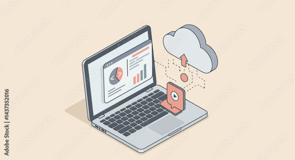 Poster isometric laptop with cloud storage and video player illustrating data transfer and communication te