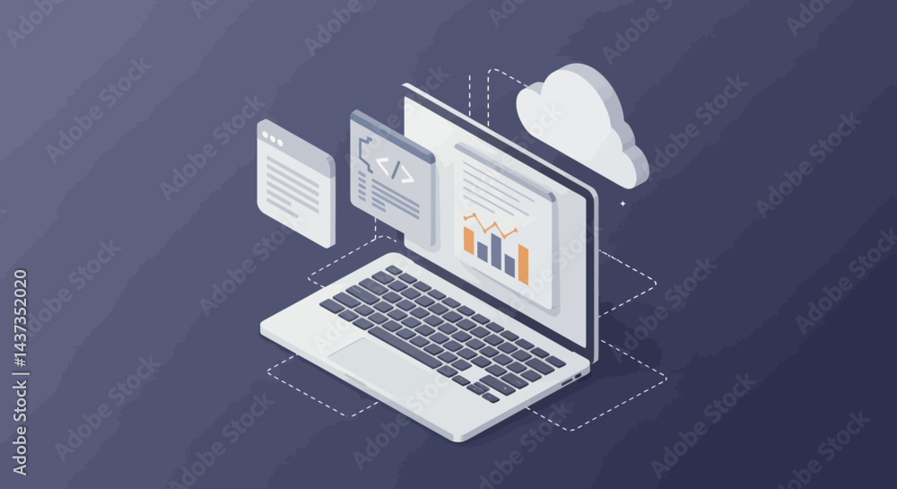Poster isometric laptop with cloud computing, data analytics, and coding windows for software development a