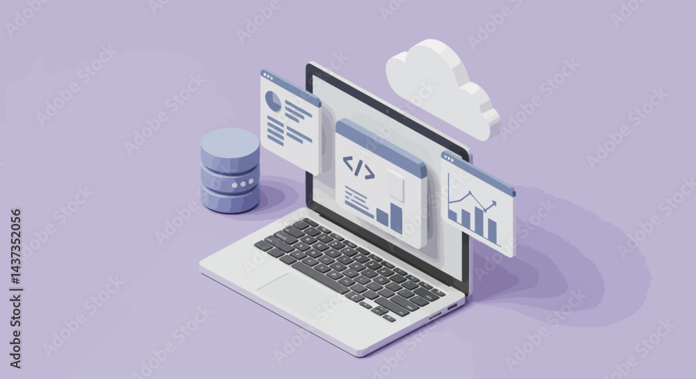 Aufkleber isometric laptop with coding, database, cloud and chart icons for web development and data analysis 