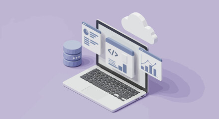 Isometric laptop with coding, database, cloud and chart icons for web development and data analysis on purple background