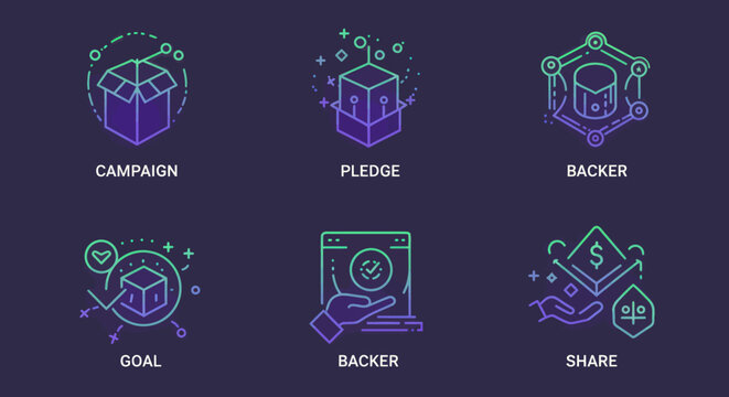 Modern crowdfunding concept icons illustrating campaign pledge backer goal share success