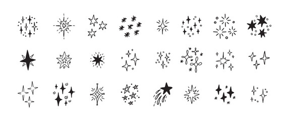 Star Shine Sparkle Hand Drawn Doodle set. Glitter Icon