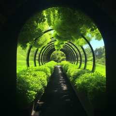 Green tunnel with plants and sunlight in sustainable garden