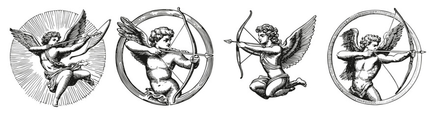 Vintage Illustrations of Cherubs with Bows and Arrows for Love Themes, Logo Design, Hand drawing Engraving, Vector Illustration Isolated Object